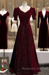 Wine Red Short Sleeves Velvet Long Formal Dresses, Wine Red Evening Dresses Evening Prom Dresses